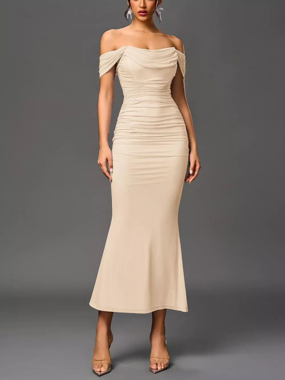 Off-Shoulder Ruched Mermaid Maxi Dress