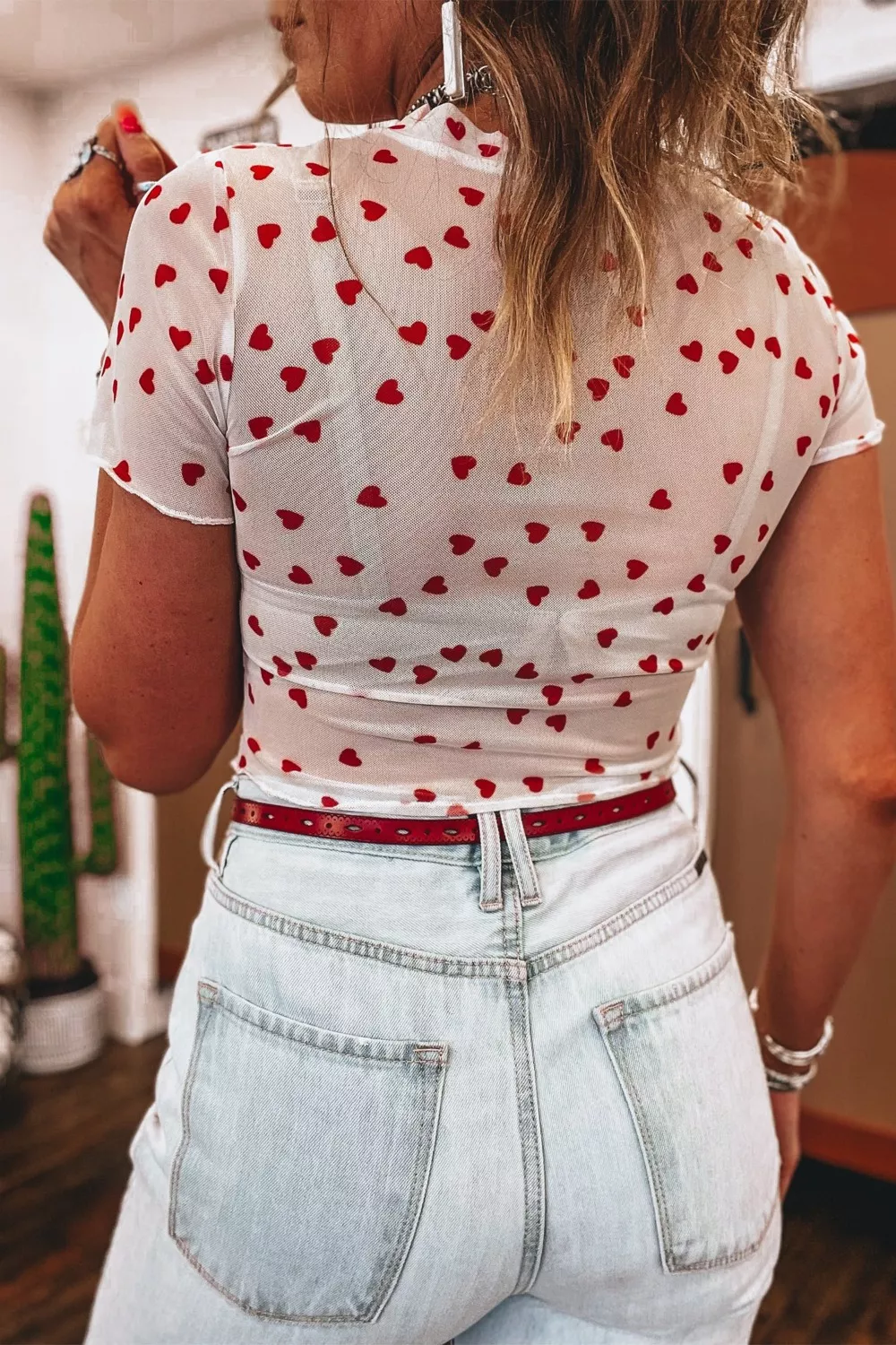 Sheer Heart Print Fitted Top, image 7