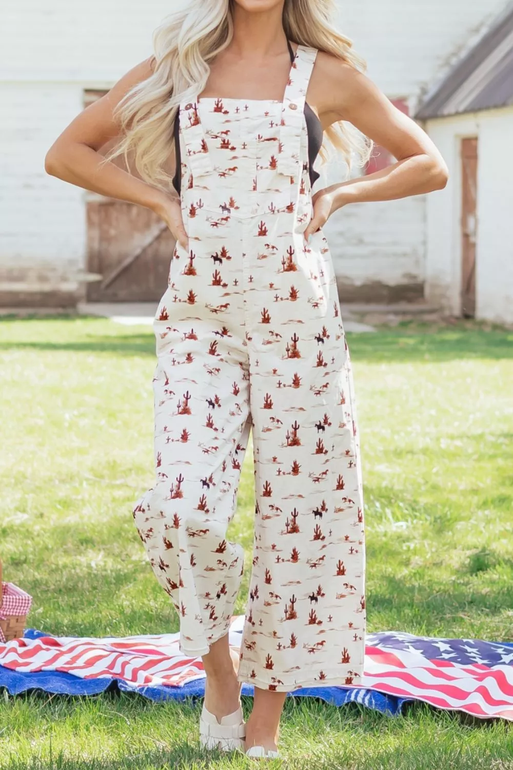 Western Printed Button Adjustable Straps Loose Jumpsuit, image 3