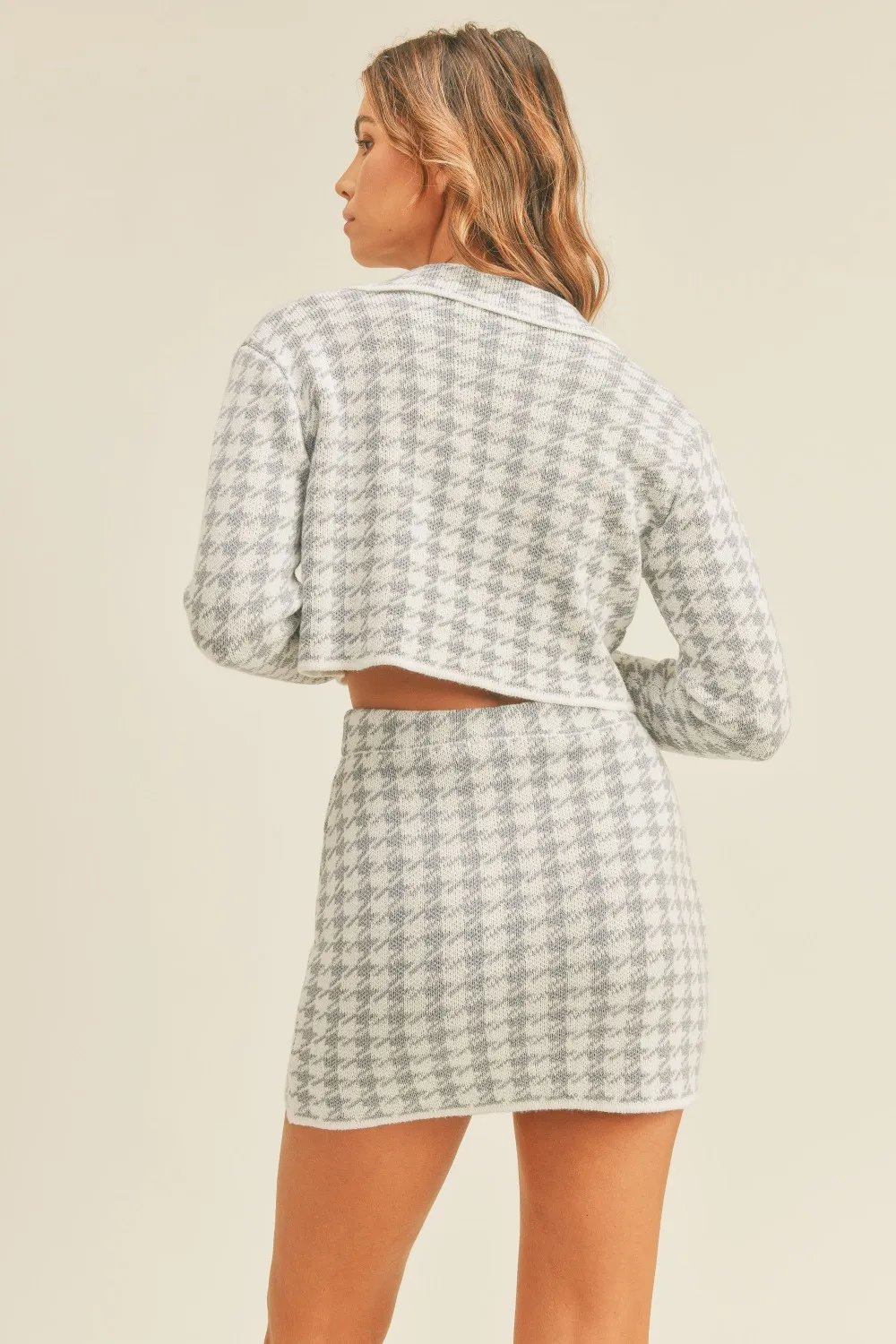 Houndstooth Cropped Knit Cardigan and Mini Skirt Set, image 4