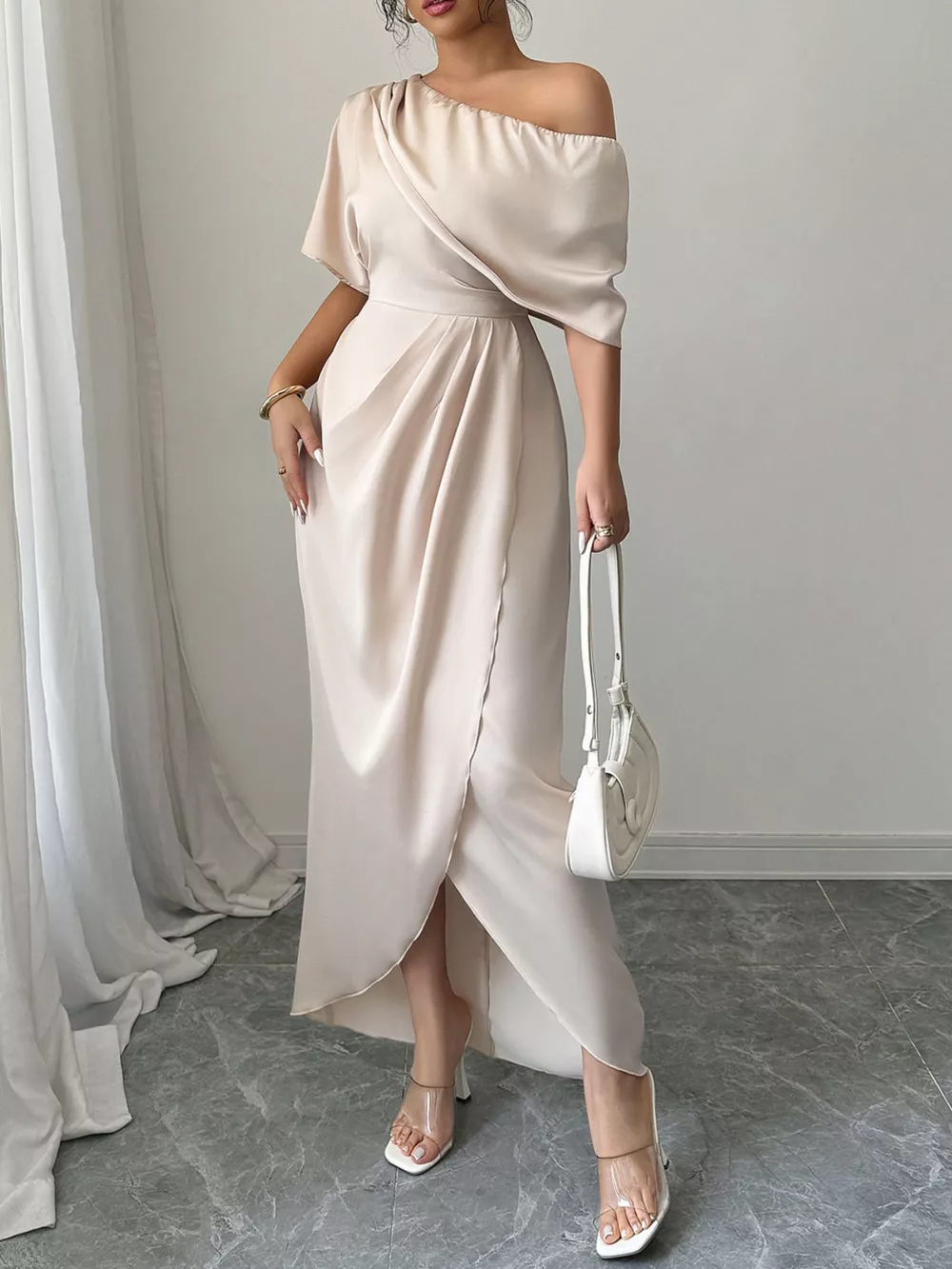 One-Shoulder Satin Maxi Dress, image 3