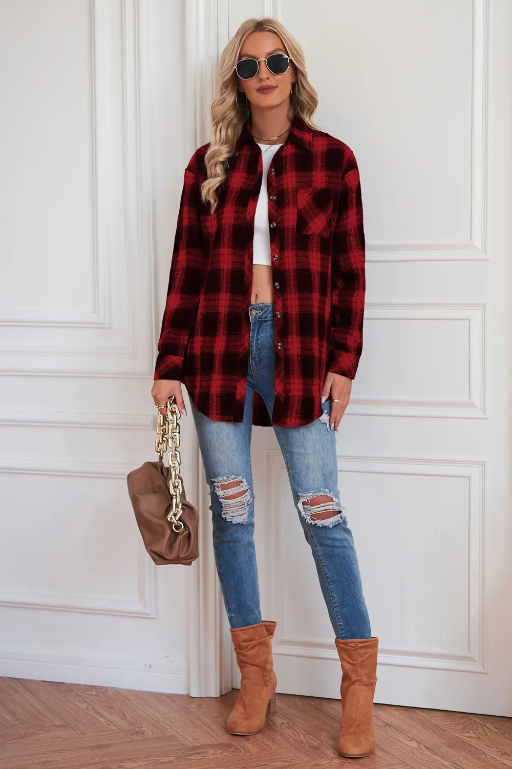 Plaid Button Up Dropped Shoulder Outerwear, image 5