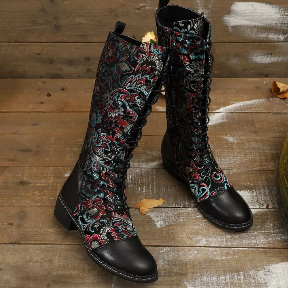Embroidered Lace-Up Block Heel Boots, image 6