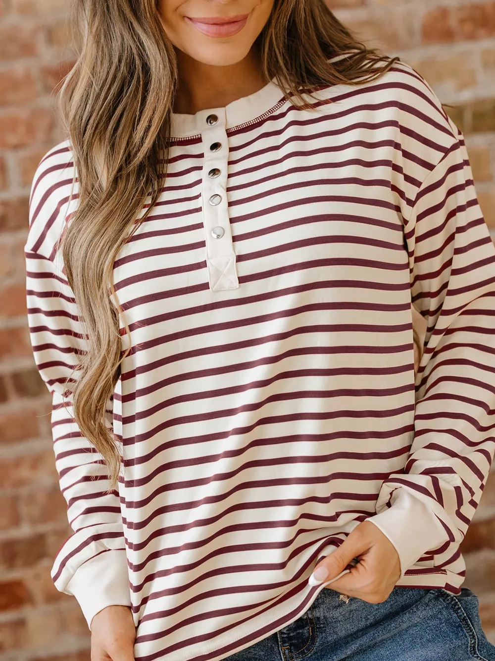 Striped Drop Shoulder Long Sleeve Henley Top, image 4