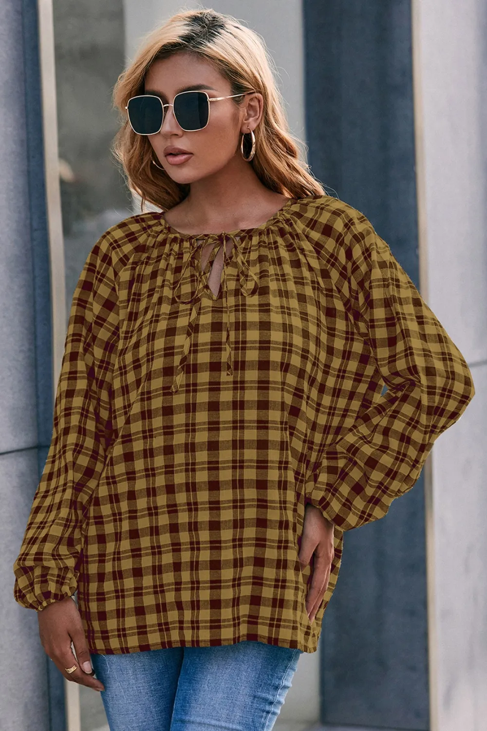 Plaid Tie Neck Balloon Sleeve Blouse, image 4
