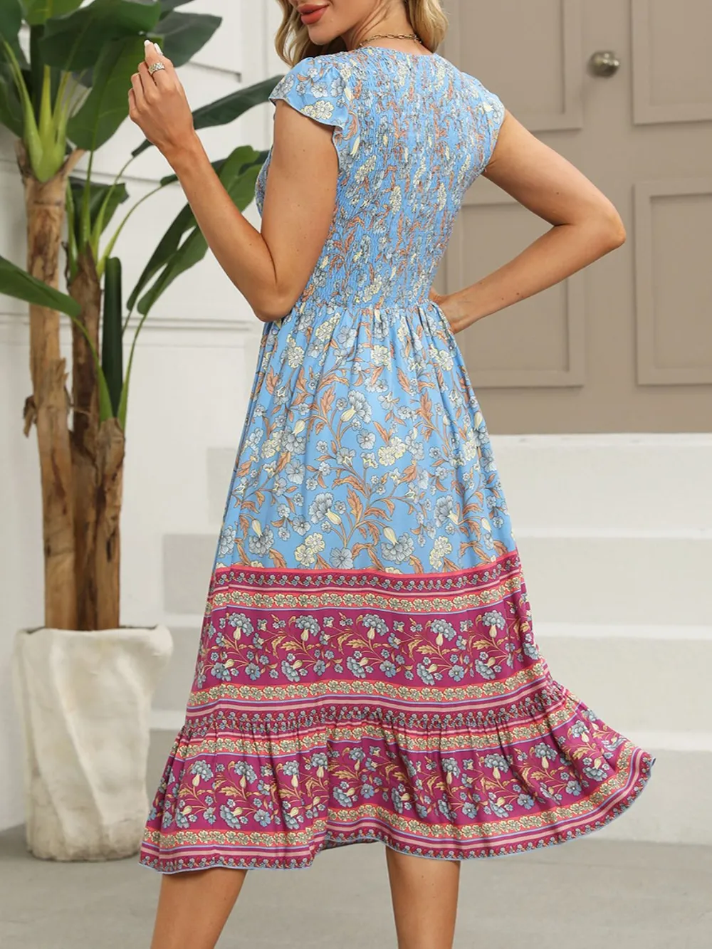 Printed Round Neck Cap Sleeve Dress, image 6