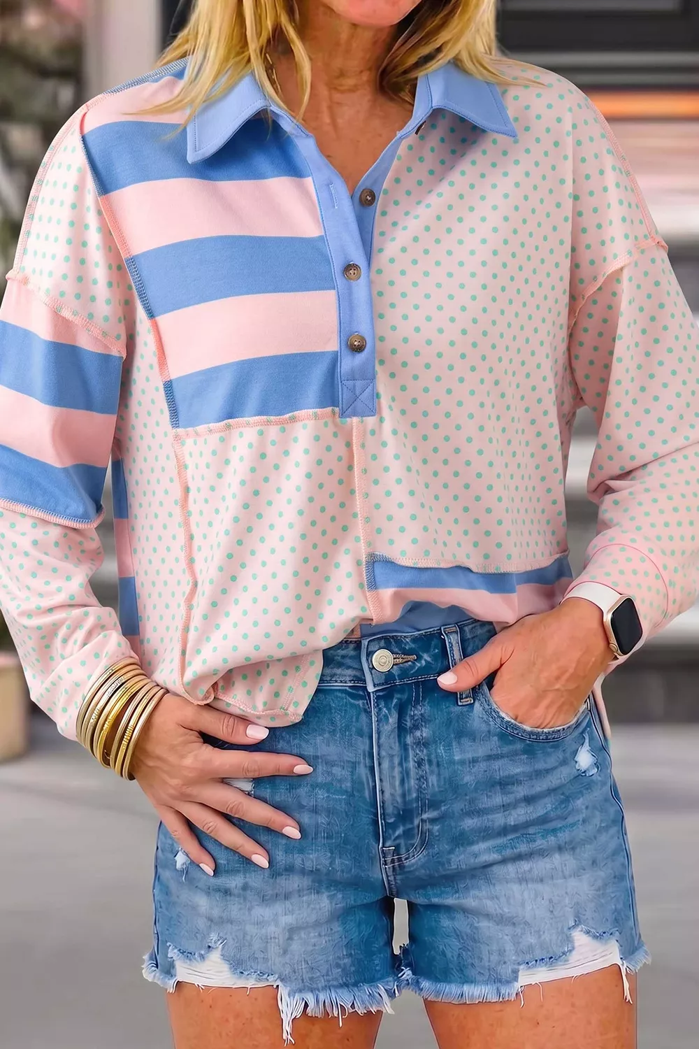 Striped Polka Dot Patchwork Polo Collar Long Sleeve Top