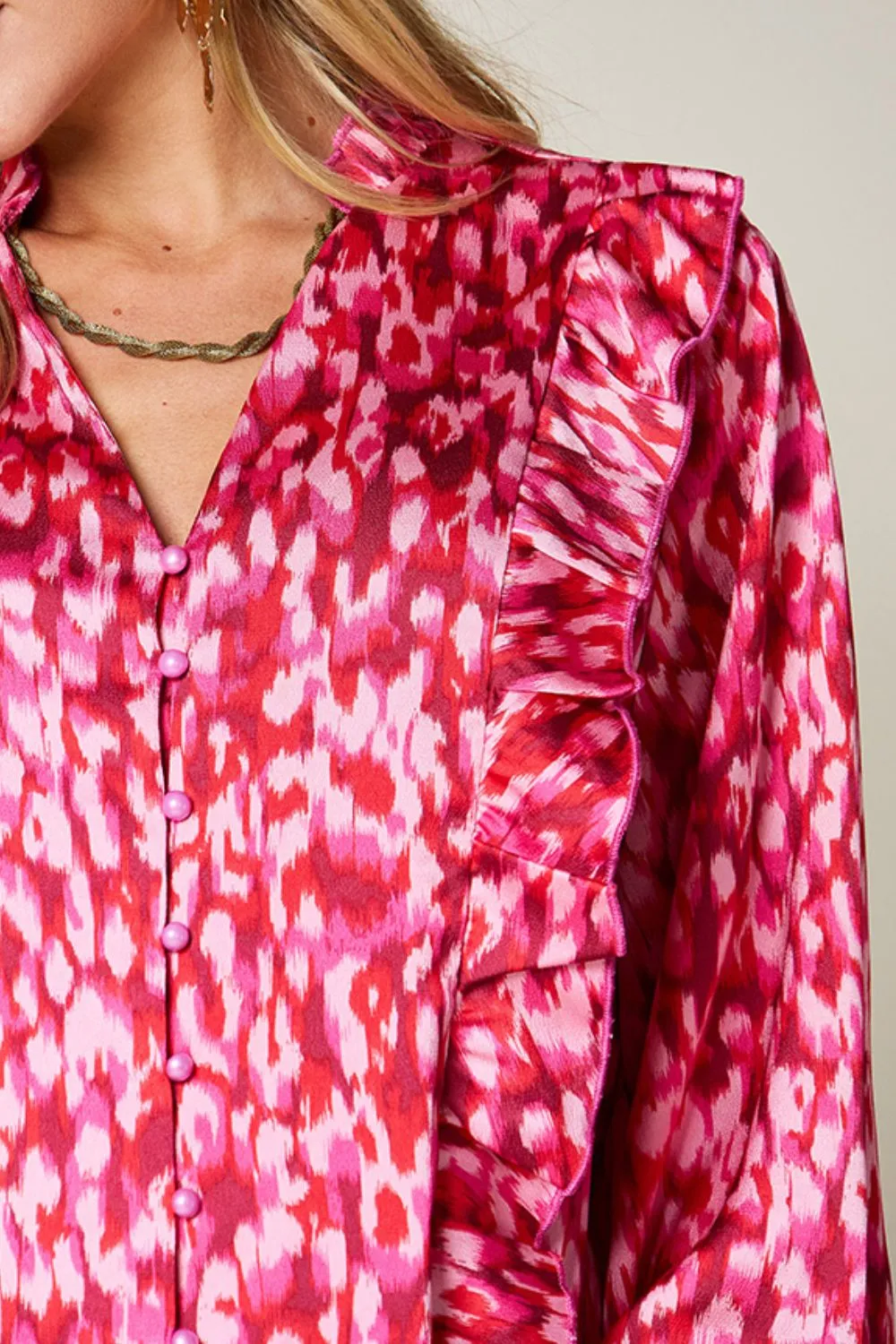 Full Size Printed Ruffle Trim Balloon Sleeve Shirt, image 11