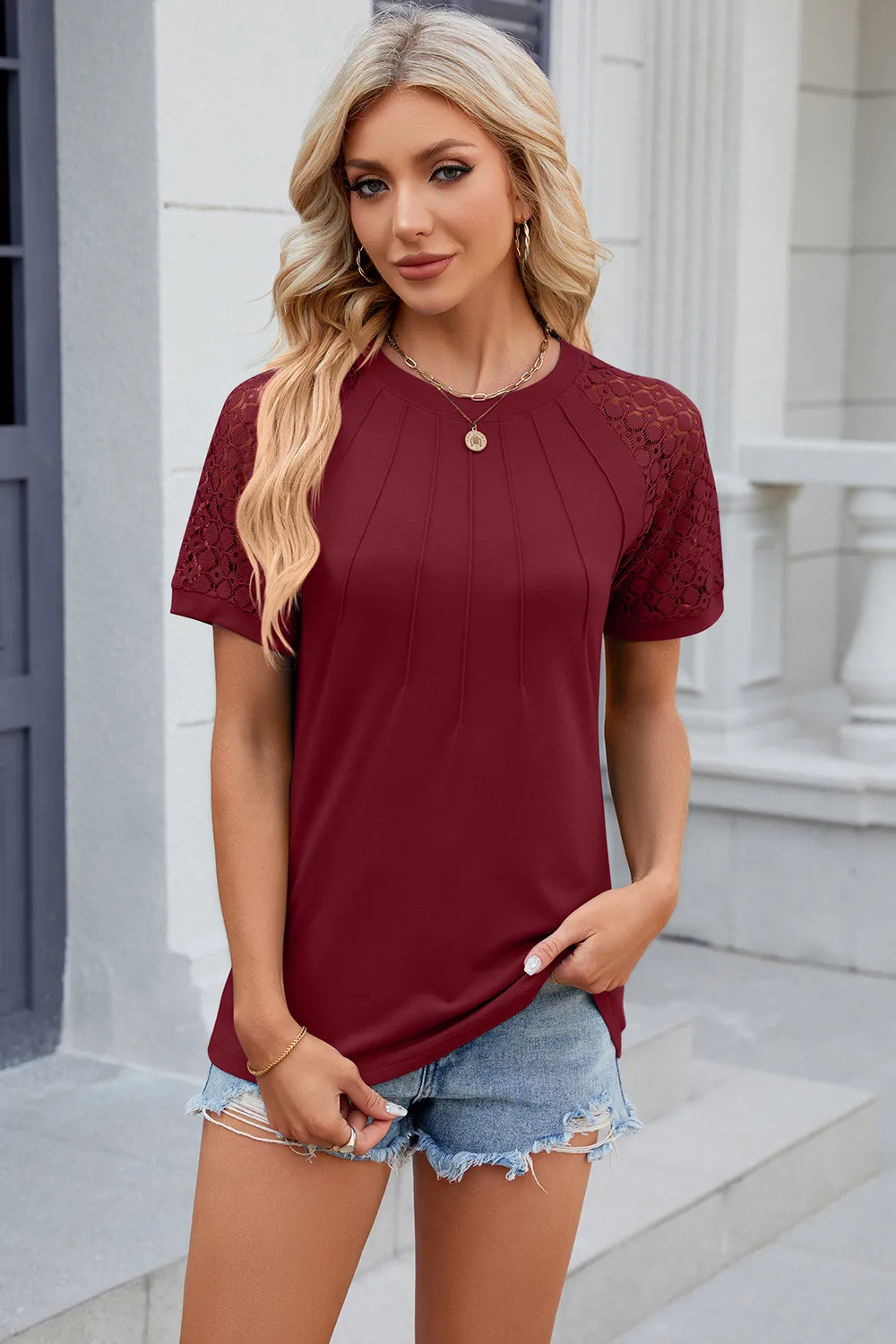 Openwork Round Neck Short Sleeve T-Shirt, image 11