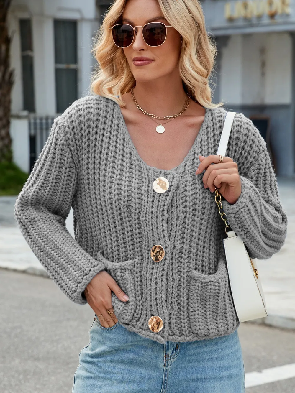 Round Neck Button Up Cardigan with Pockets, image 13