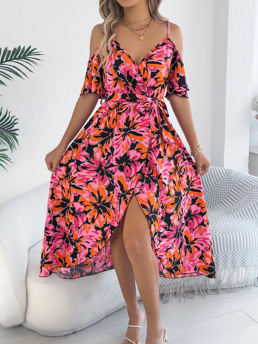 Printed Cold Shoulder Midi Cami Dress, image 5