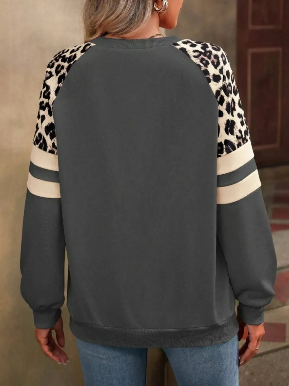 Leopard Raglan Sleeve Striped Sweatshirt, image 15