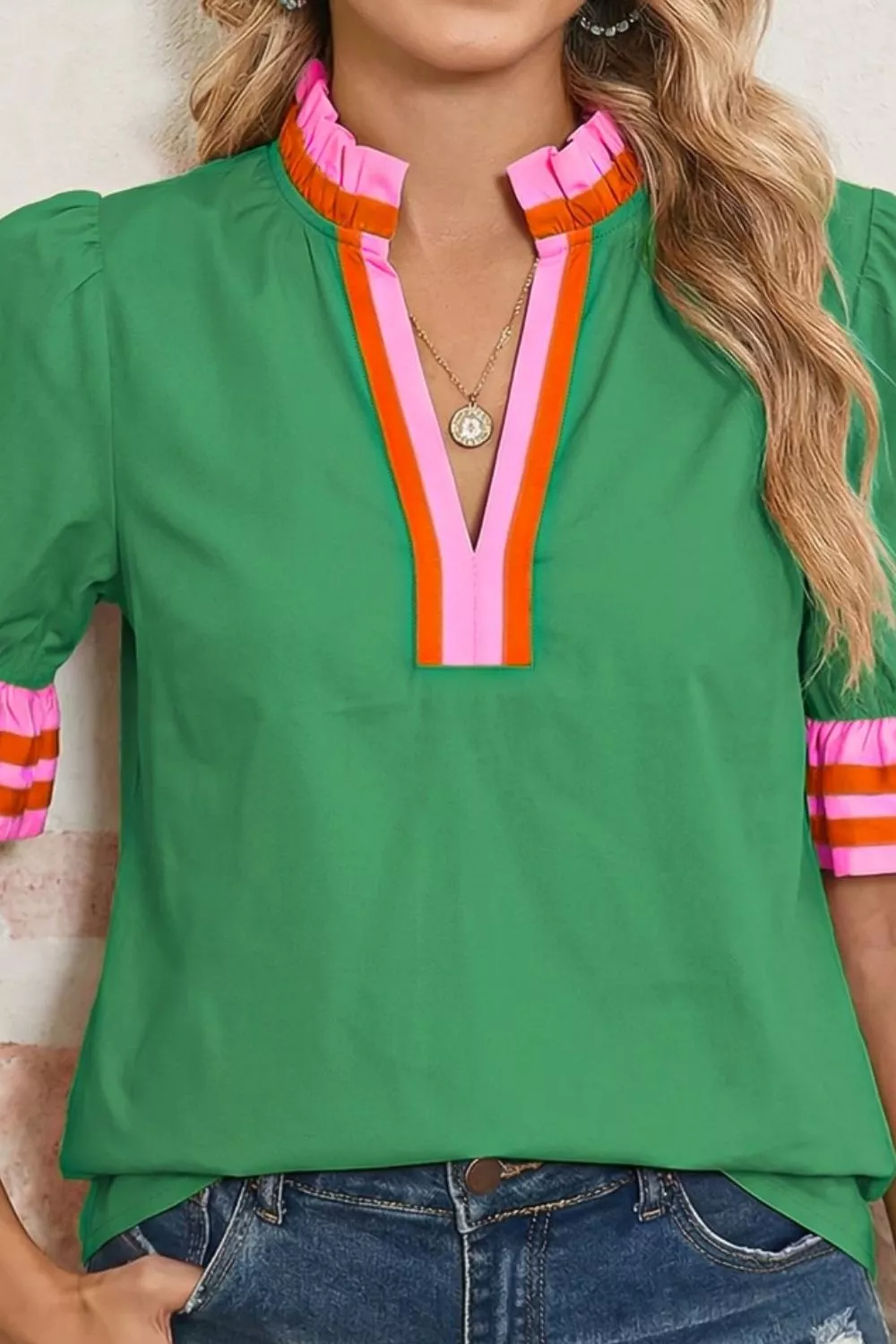 Ruffle Trim Notched Blouse, image 2