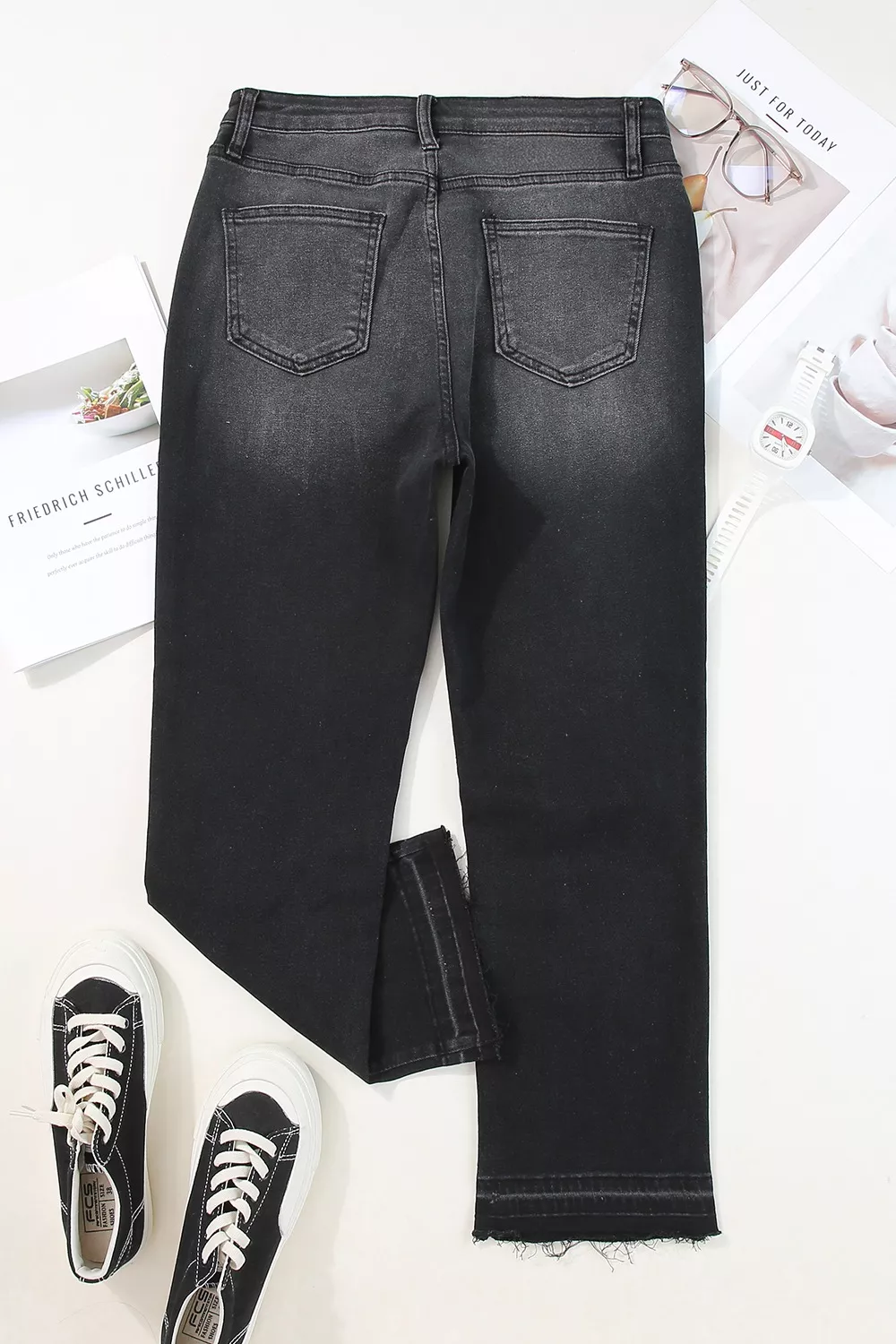 High-Waisted Distressed Hem Straight Leg Jeans, image 11