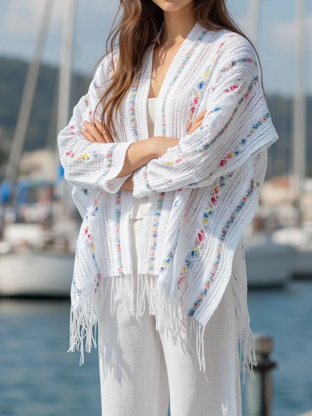 Openwork Fringe Open Front Knit Cape, image 4