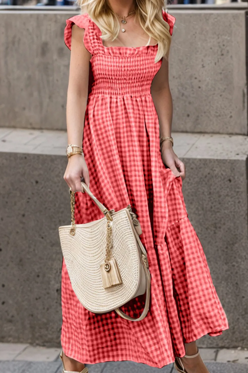 Full Size Smocked Ruffled Plaid Ruffle Hem Dress, image 4