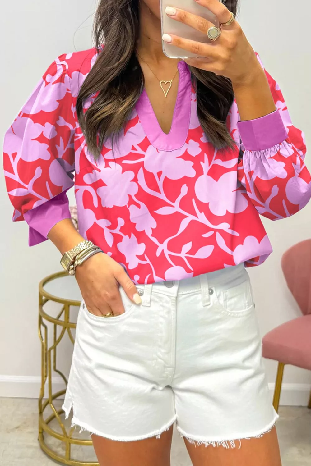 Printed Notched Long Sleeve Blouse