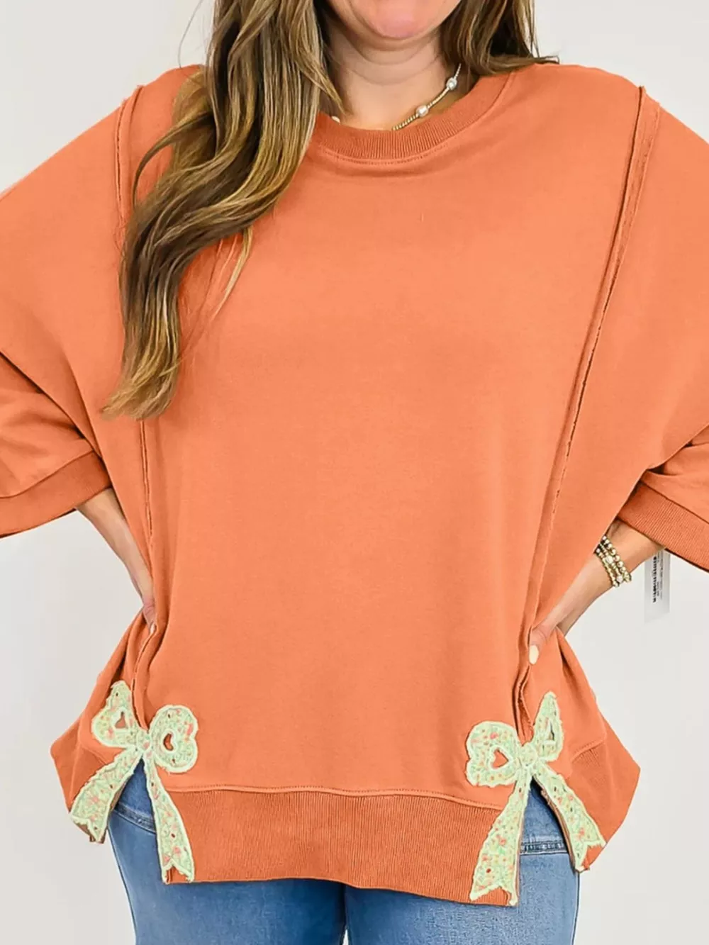 Bow Slit Round Neck Sweatshirt, image 3