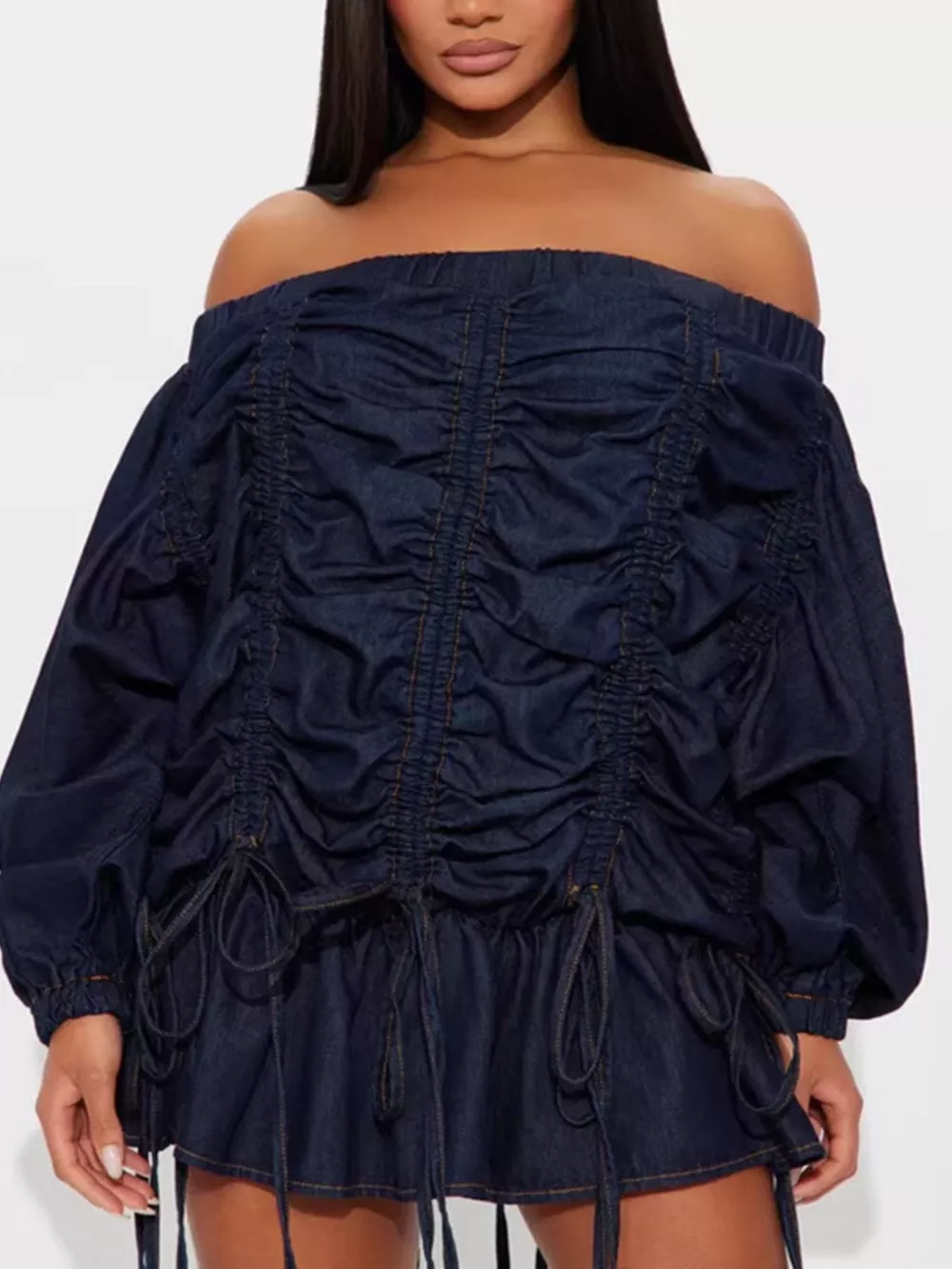 Off-Shoulder Ruched Denim Dress, image 2