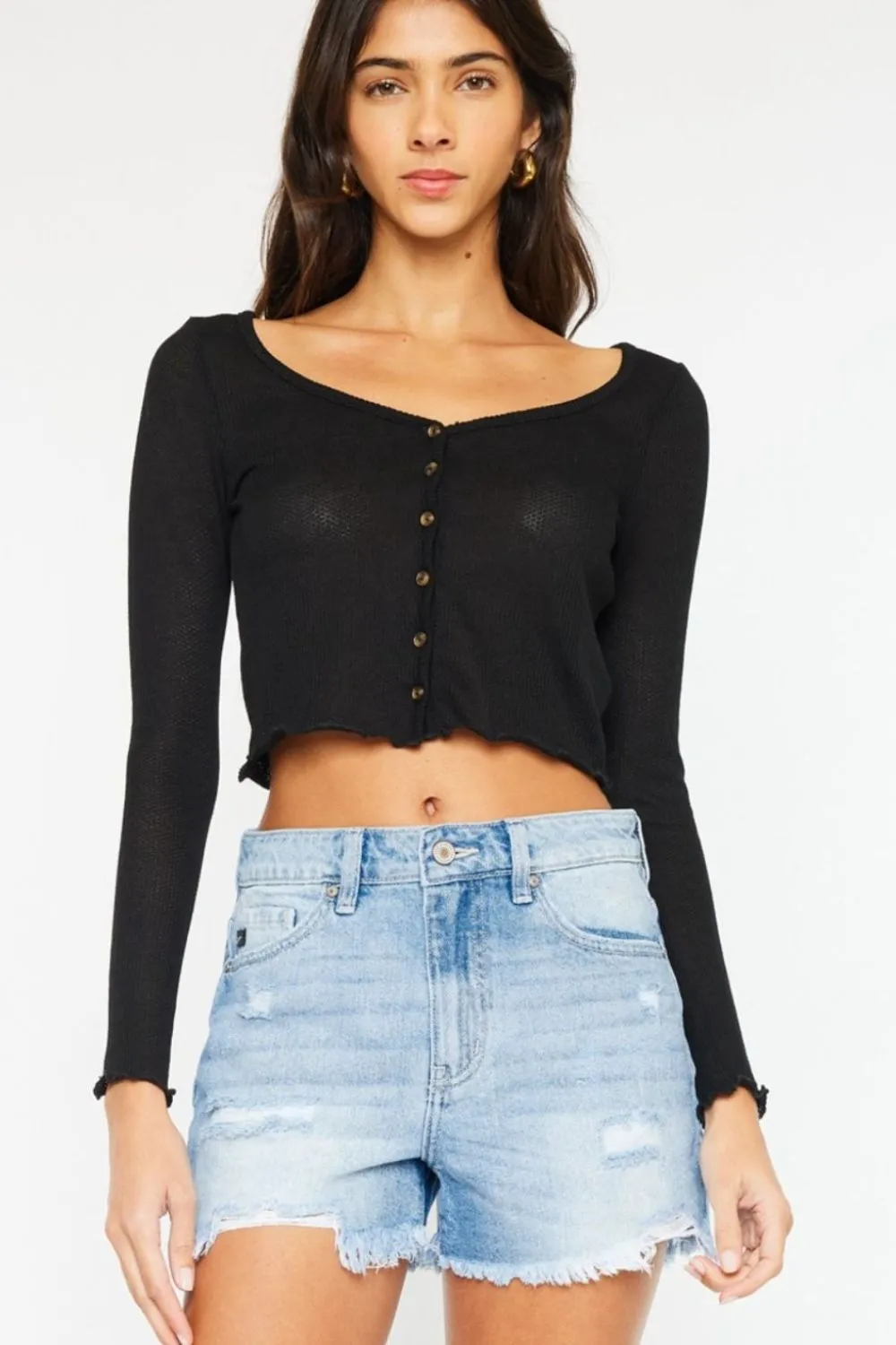 High Waist Frayed Denim Shorts, image 5