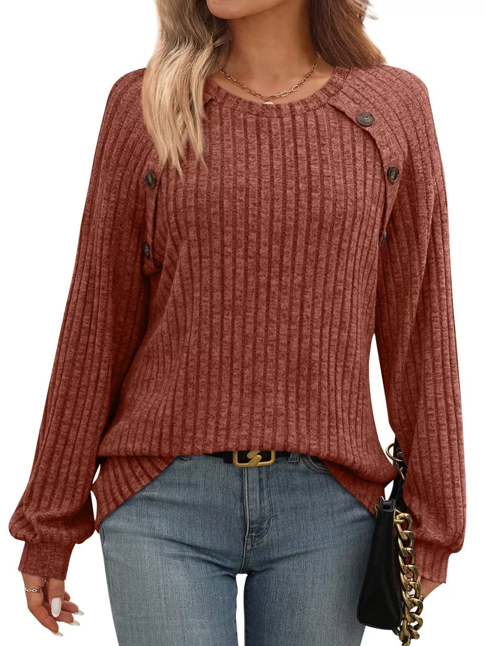 Ribbed Knit Decor Button Long Sleeve T-Shirt, image 21