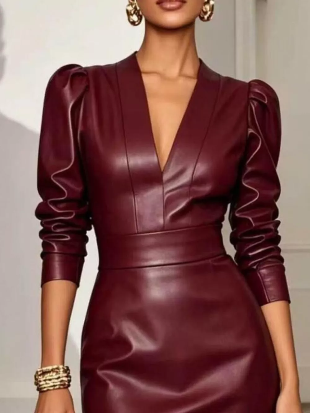 V-Neck Puff Sleeve Midi Dress, image 9