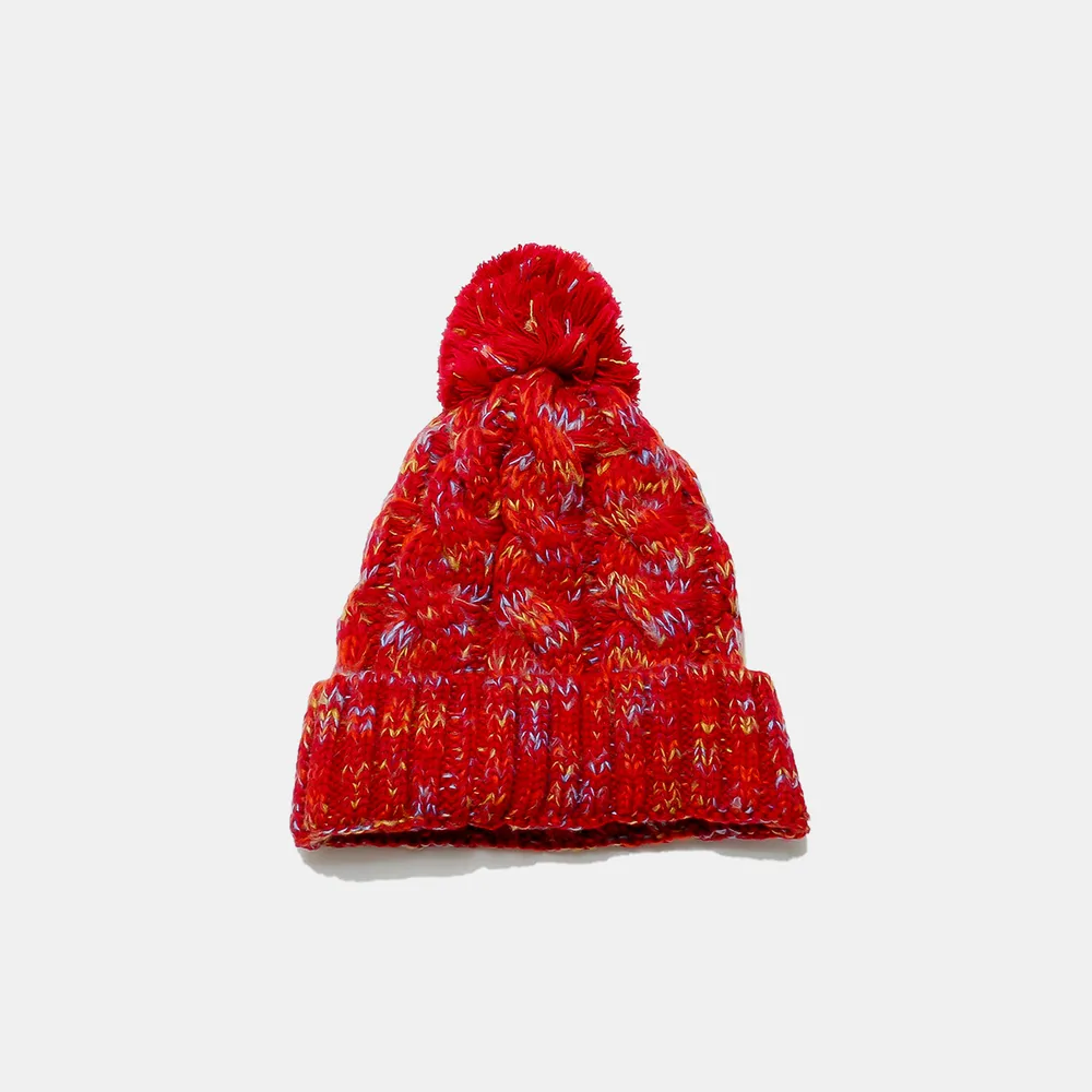 Contrast Cable-Knit Hat with Pompom, image 2