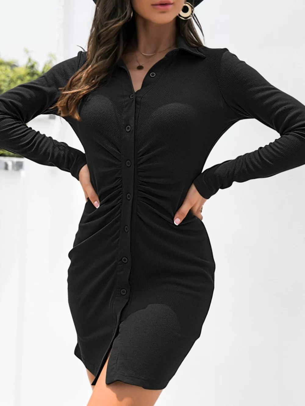 Ruched Button-Down Long Sleeve Dress, image 5