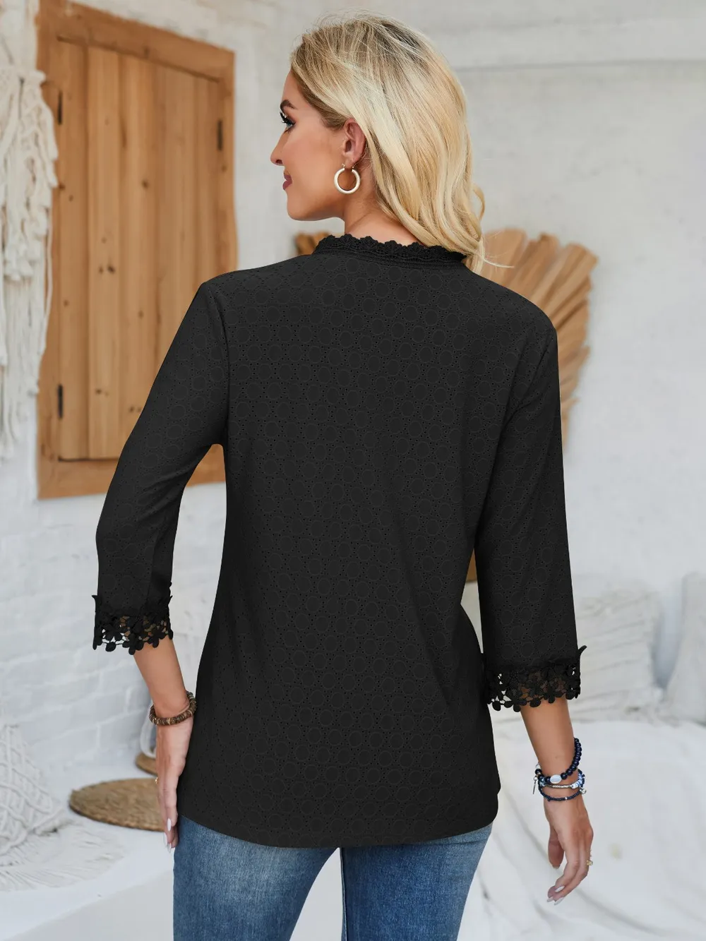 Lace Detail V-Neck Three-Quarter Sleeve Blouse, image 20