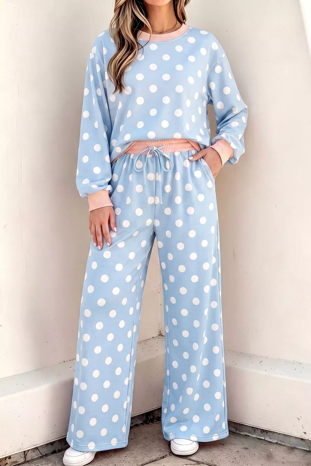 Polka Dot Contrast Trim Long Sleeve Top Drawstring Shift Pants Set, image 2