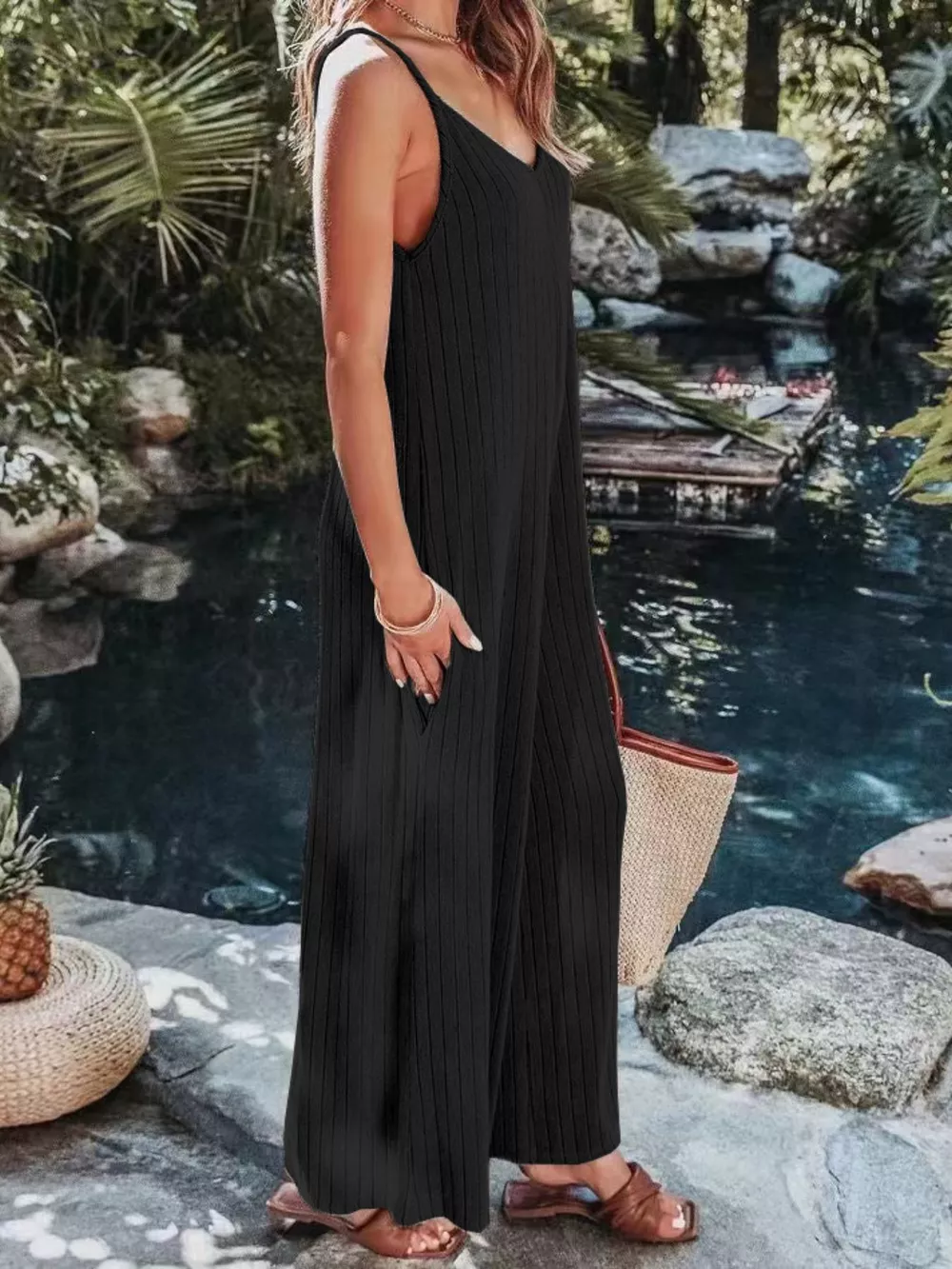 Ribbed V-Neck Wide Leg Jumpsuit, image 2