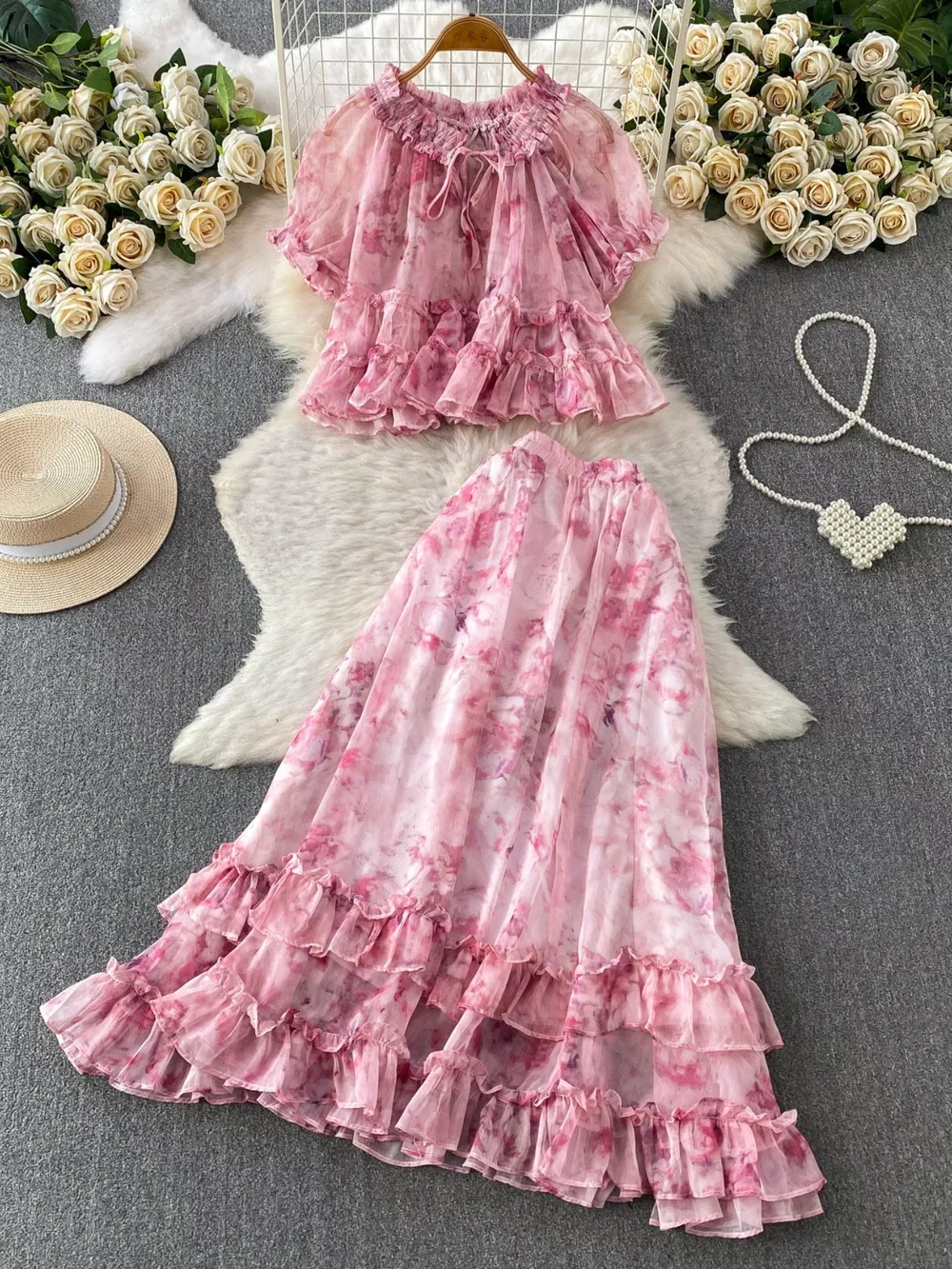 Floral Print Ruffle Hem Blouse and Skirt Set, image 7