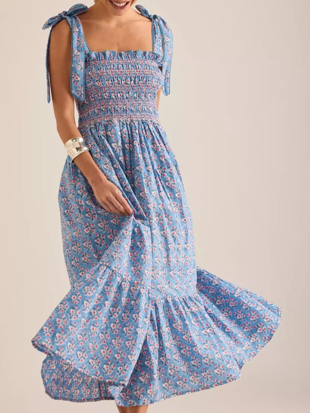 Floral Smocked Tie-Shoulder Midi Dress, image 3