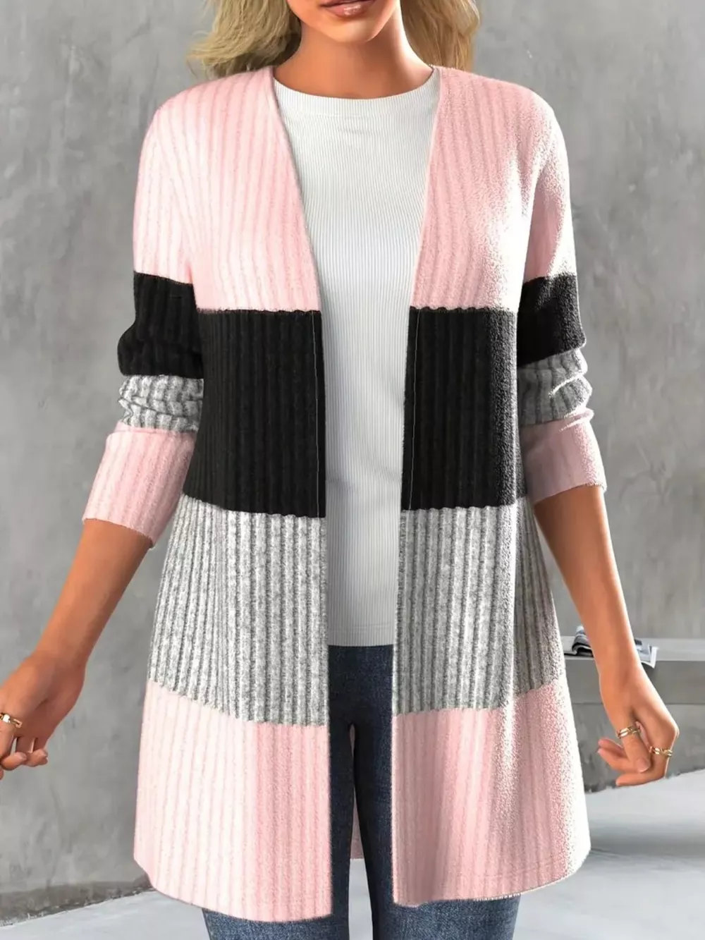 Color Block Open Front Long Sleeve Cardigan, image 4
