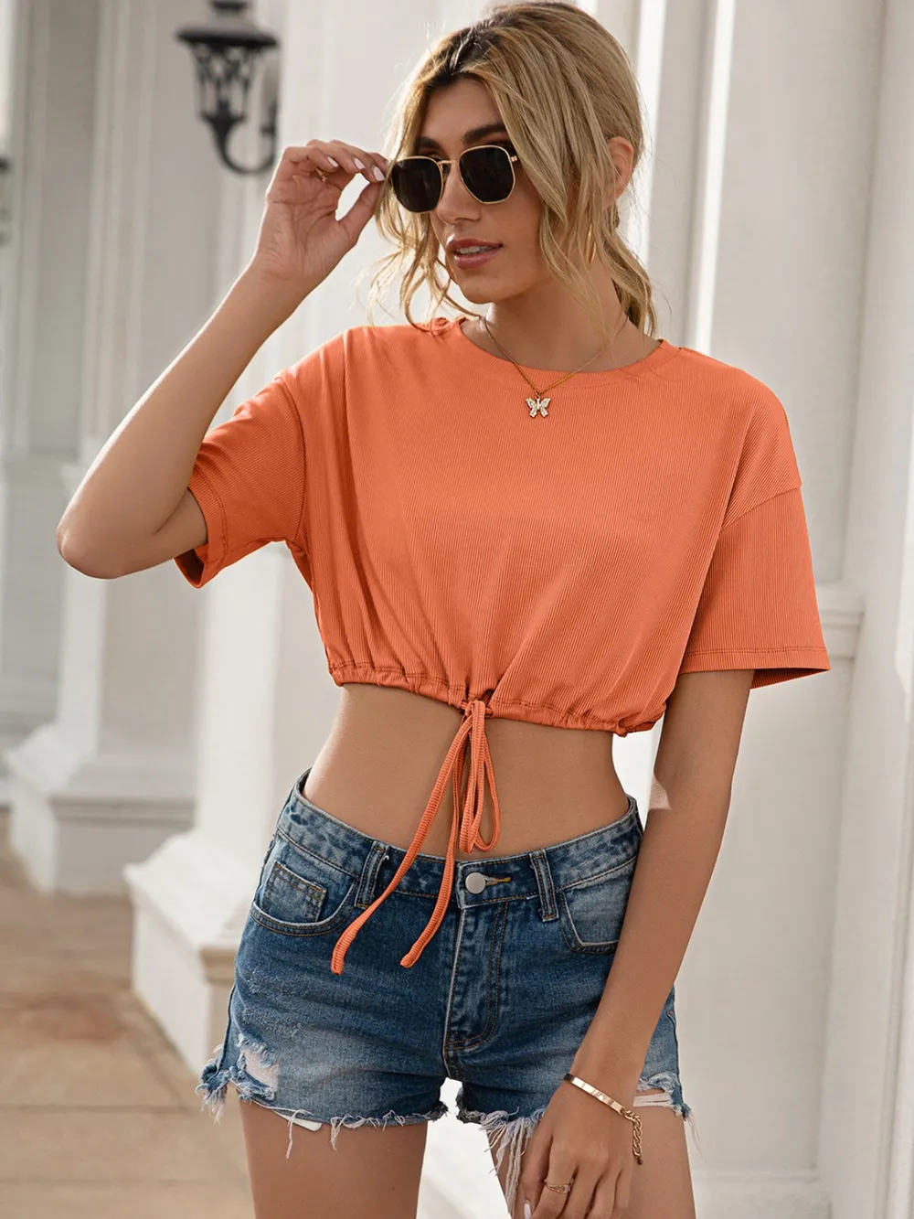 Drawstring Round Neck Short Sleeve T-Shirt, image 8