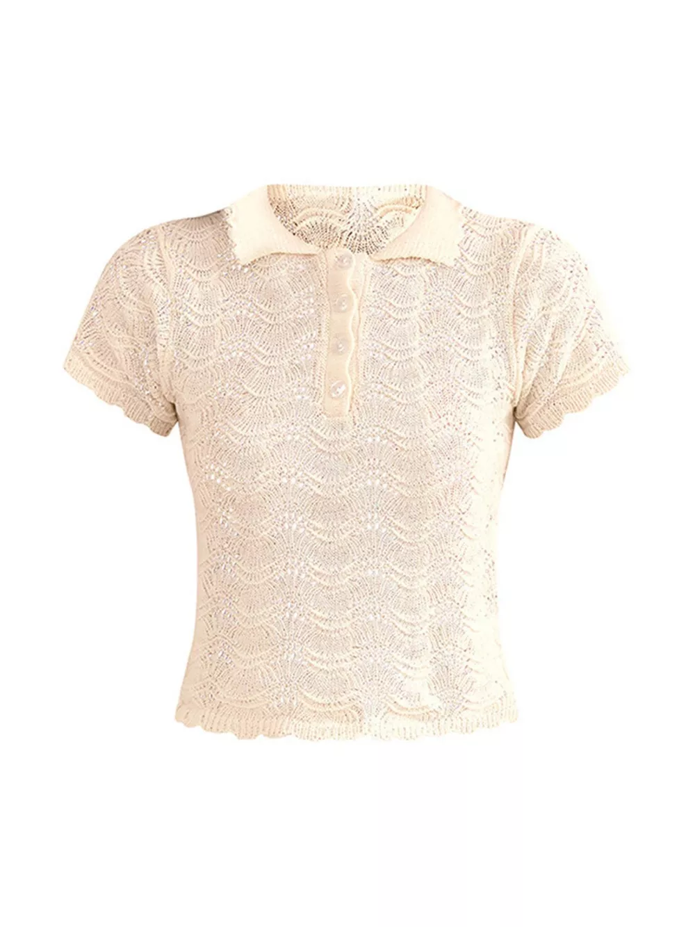 Openwork Crochet Knit Polo Top and Shorts Set, image 4