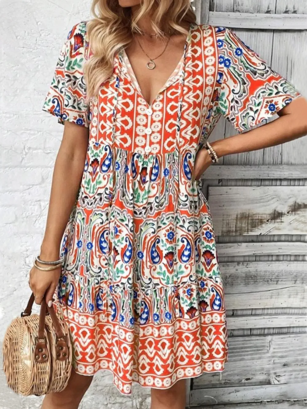 Printed Tie Neck Short Sleeve Dress, image 7