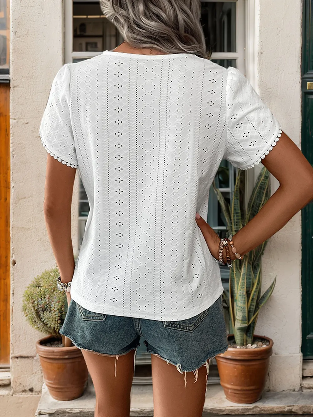 Perfee Eyelet V-Neck Petal Sleeve Blouse, image 2