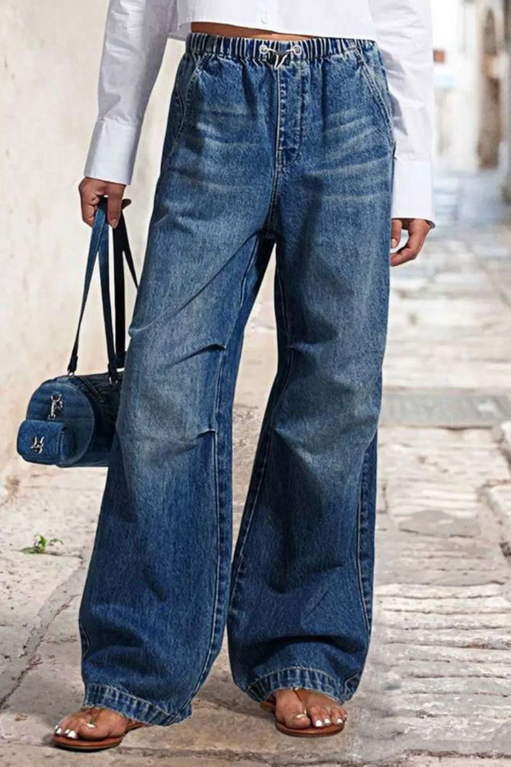Drawstring Waist Wide Leg Shirred Jeans, image 2