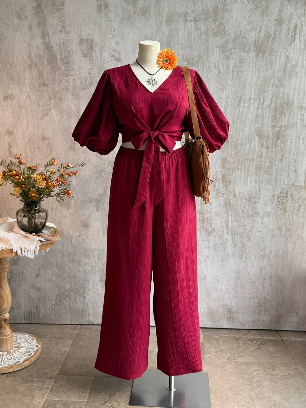 Plus Size Tie-Front Puff Sleeve Top and Wide-Leg Pants Set, image 4