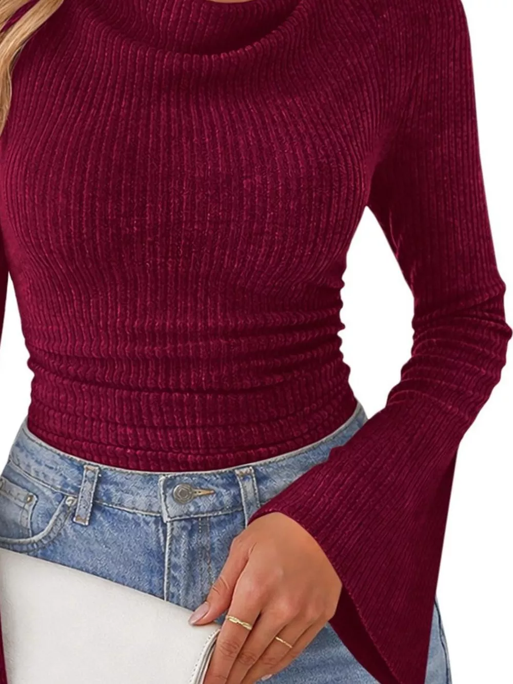 Ribbed Knit Cowl Neck Flared Sleeves Top, image 6