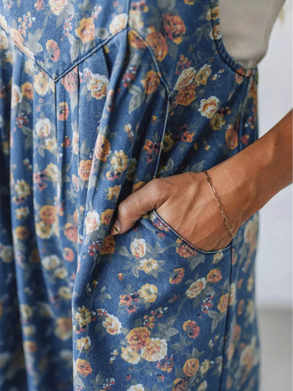 Floral Print Wide Leg Denim Overalls, image 11