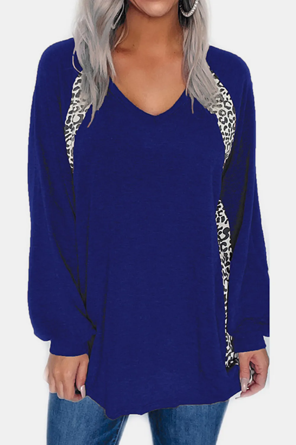 Full Size Leopard V-Neck Long Sleeve T-Shirt, image 8