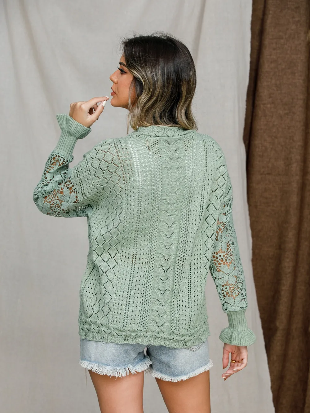 Eyelet Crochet Lantern Sleeve Sweater, image 2