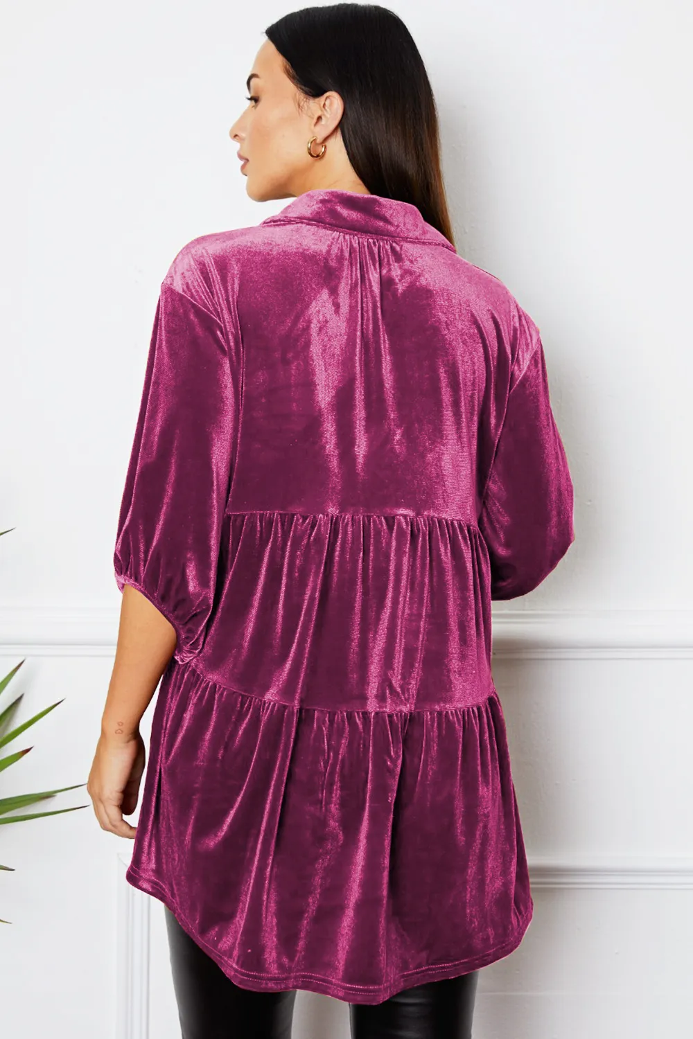 Velvet Tiered Button Up Collared Neck Shirt, image 5