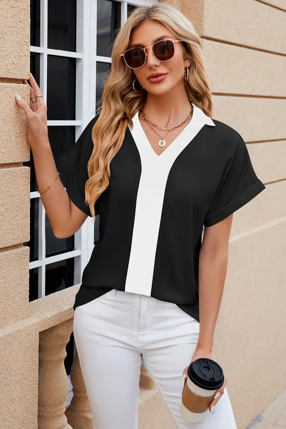 Contrast Johnny Collar Short Sleeve Blouse, image 3