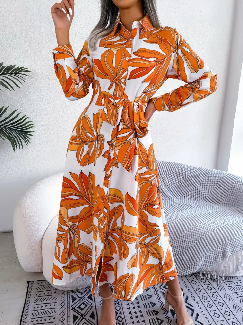 Tied Button Up Long Sleeve Dress, image 6