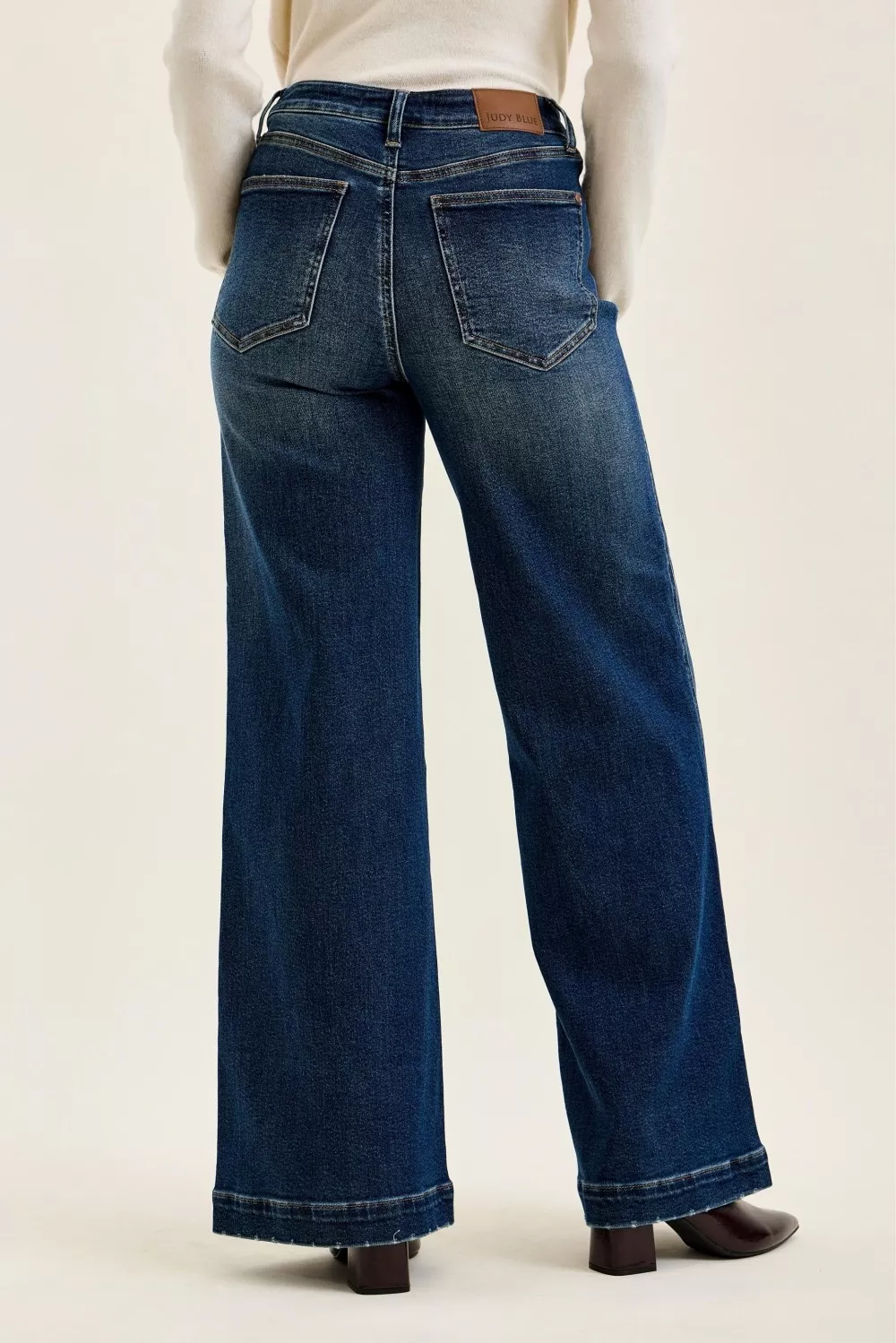 High Waist "lux" Retro Wide Jeans with Front Patch Tab Closure Dk Fade Indigo, image 4