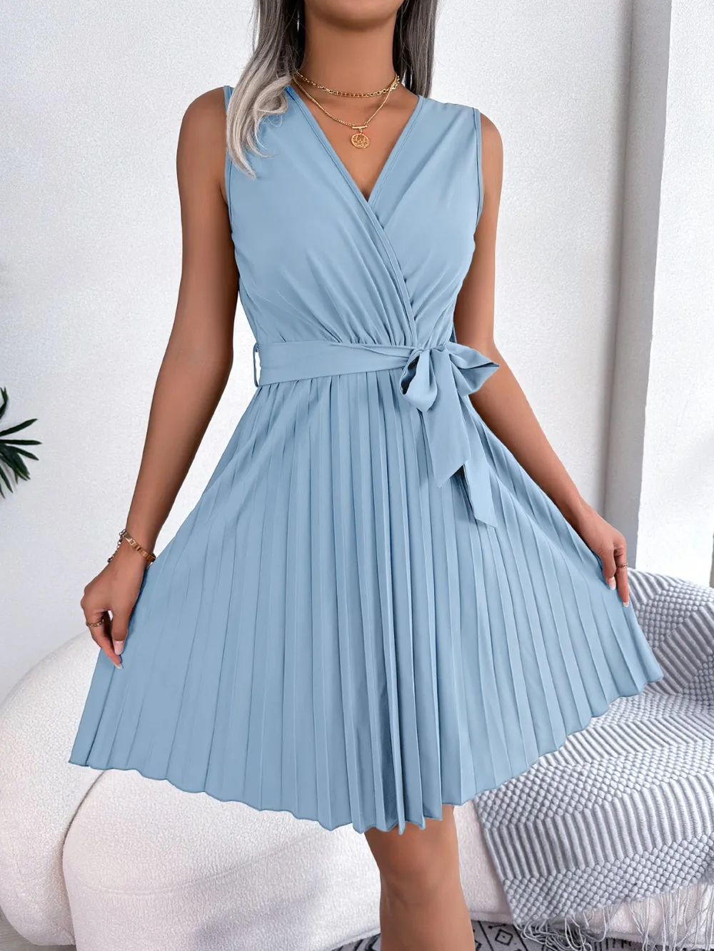 Tied Surplice Sleeveless Pleated Dress, image 7