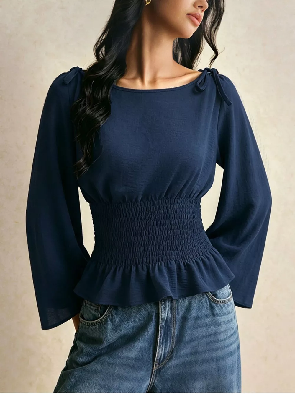 Smocked Waist Flare Sleeve Blouse, image 2